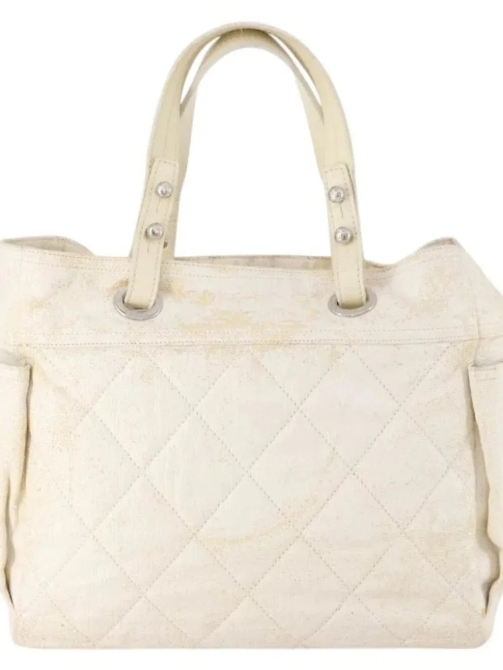 CHANEL Matelasse Paris Biarritz GM Tote Bag PVC Canvas White CC Auth hk3597